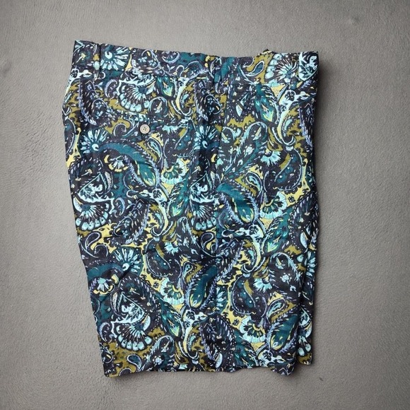 Tasso Elba Shorts Mens 33 Blue Green Yellow 9" Paisley Linen Casual Beach Summer - Picture 1 of 9